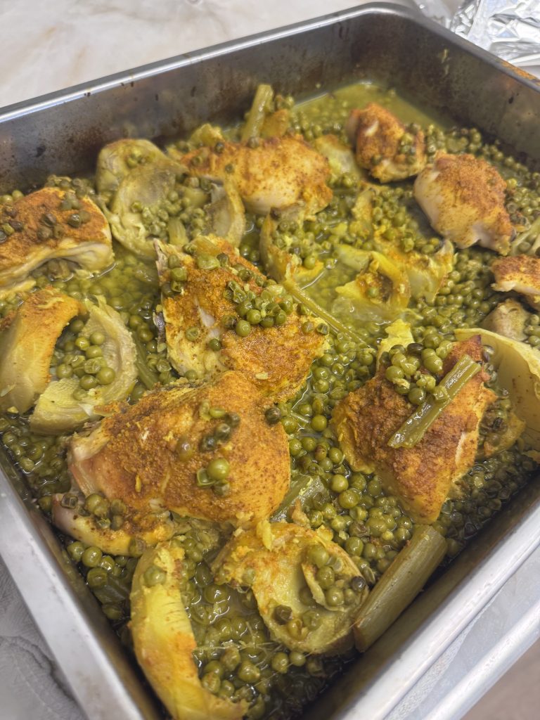 1 pan yellow chicken w/ peas, celery + artichoke hearts